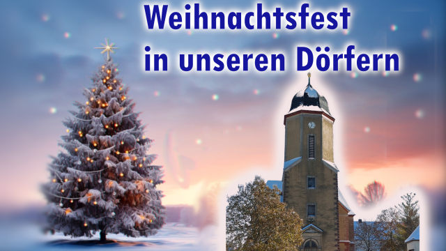 Weihnachtsfest in einem verschneiten Dorf mit Kirche und beleuchtetem Weihnachtsbaum am 24. Dezember.